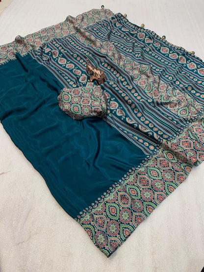 Pure crepe satin ajrakh sarees
