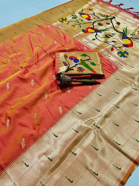 Light orange kanjivaram paithani silk sarees