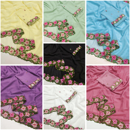 Pastel color faux georgette embroidery sarees