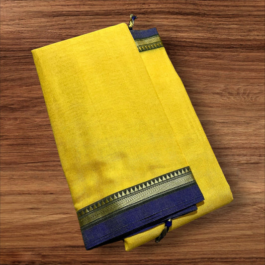 Lemon yellow mercerised Narayanpet Cotton sarees with thin border