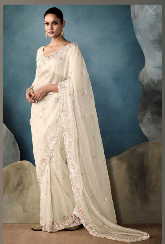 Off white crushed embroidered sarees