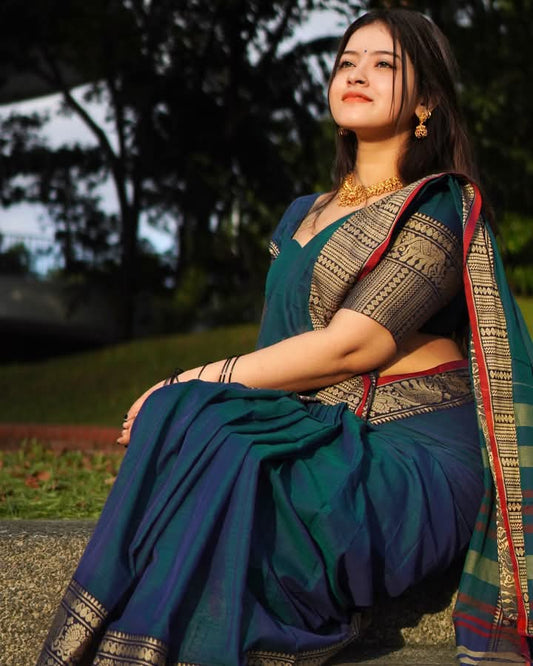 Dark Green Narayanpet Cotton sarees with elephant border