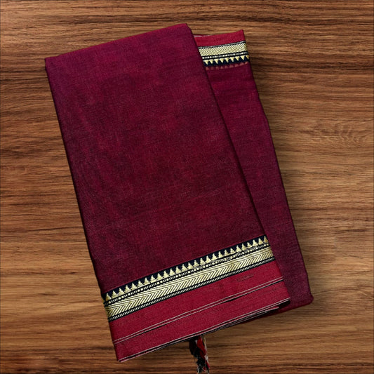 Dark maroon mercerised Narayanpet Cotton sarees with thin border