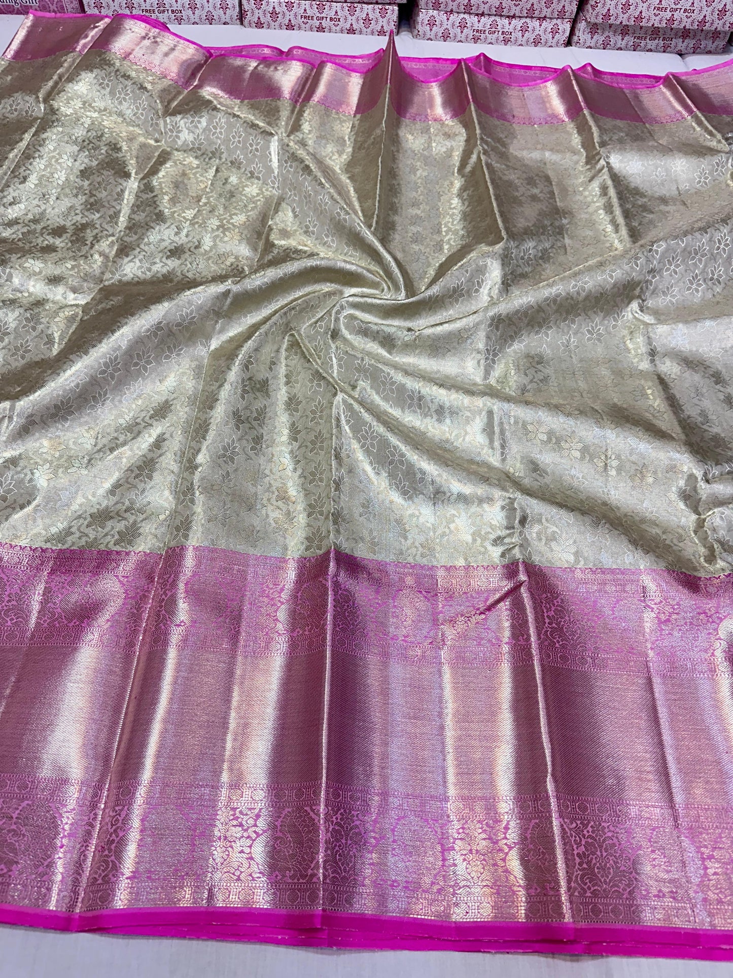 Silver with pink pure kanchipuram bridal silk sarees