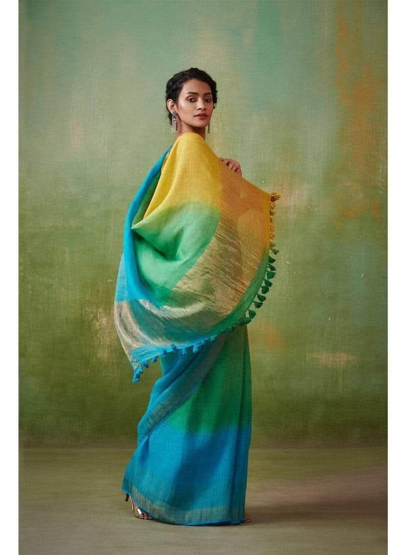 Sky blue with trishade linen by linen sarees