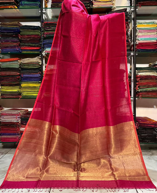 Deep pink semi silk striped sarees
