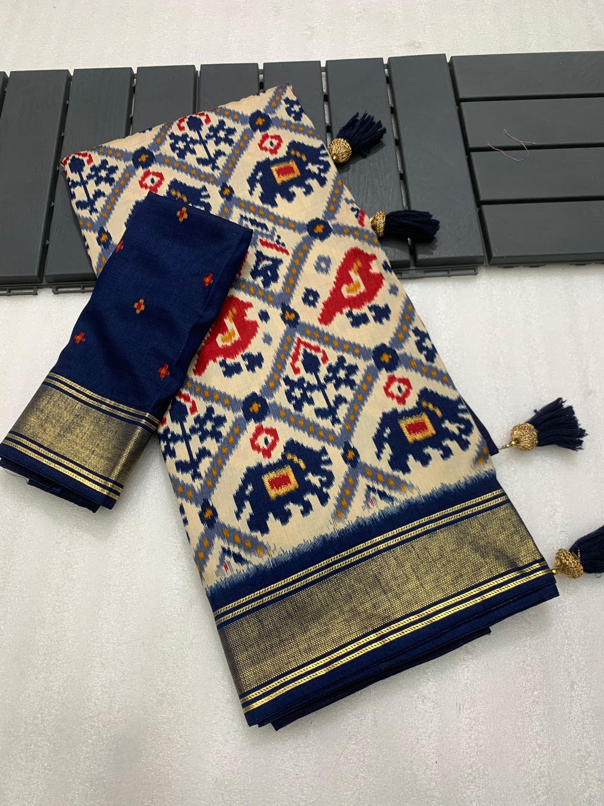 Navy blue munga crepe patola silk sarees