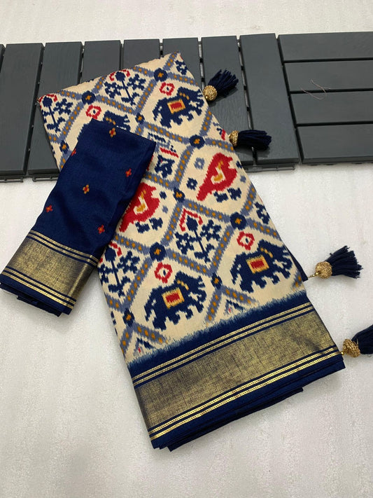 Navy blue munga crepe patola silk sarees