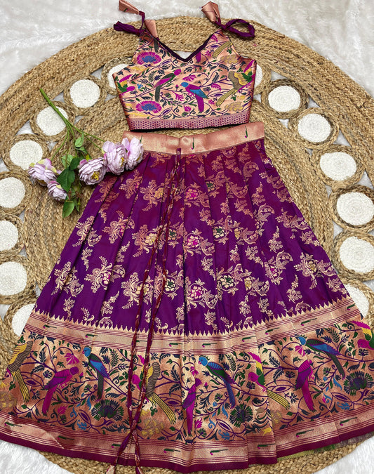 Dark purple Paithani lehenga for kids