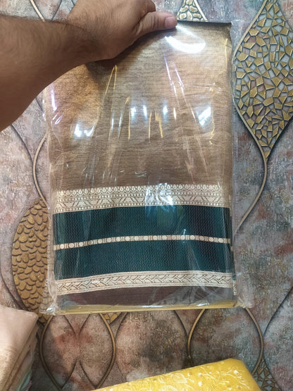 Gold with dark green pure metallic double tissue organza sarees