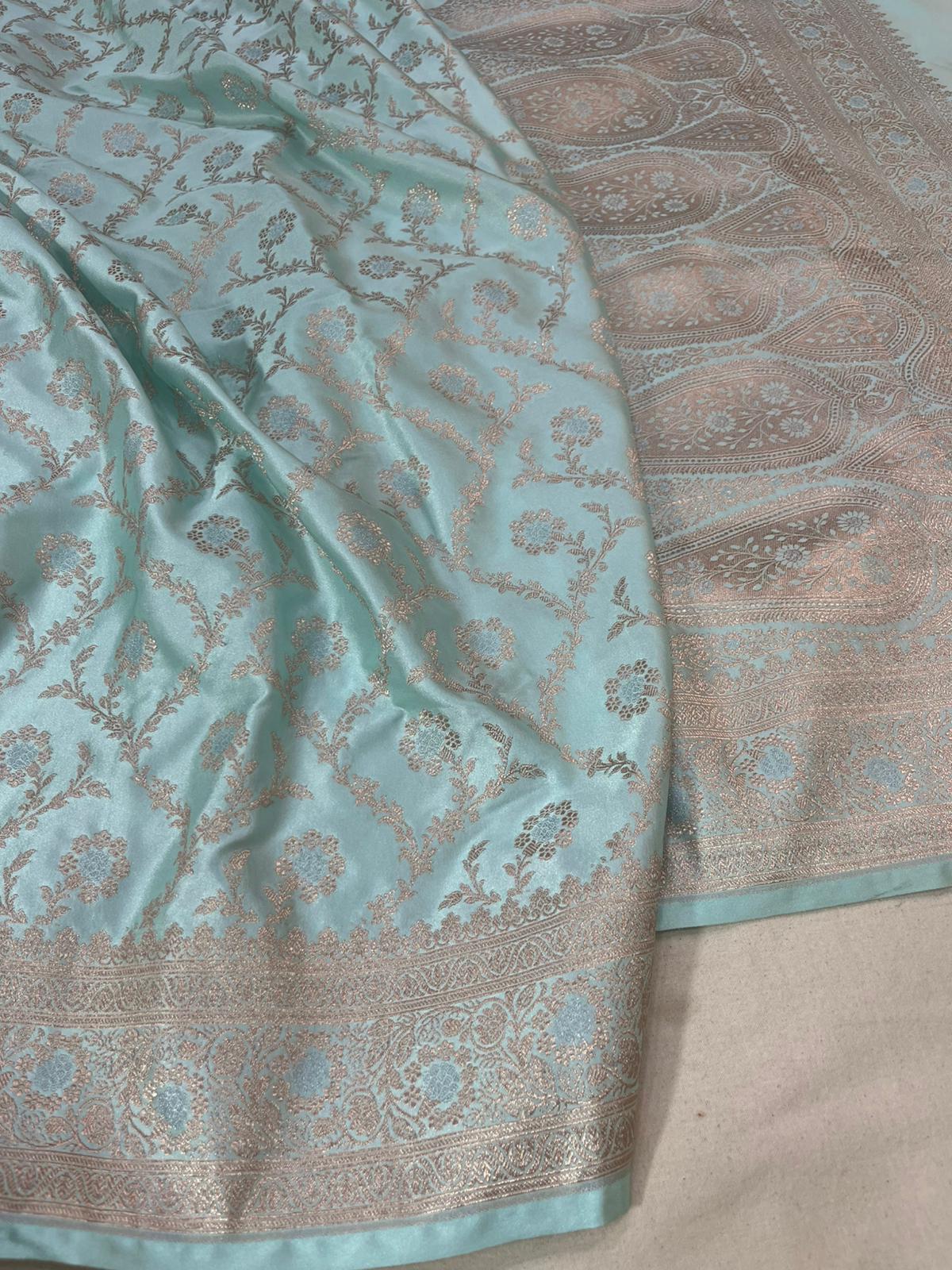Pastel turquoise pure banarasi mashru silk sarees