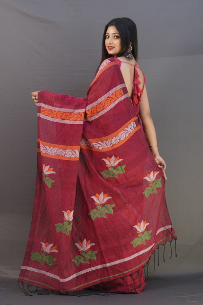 Maroon 120 counts linen by linen jamdani sarees
