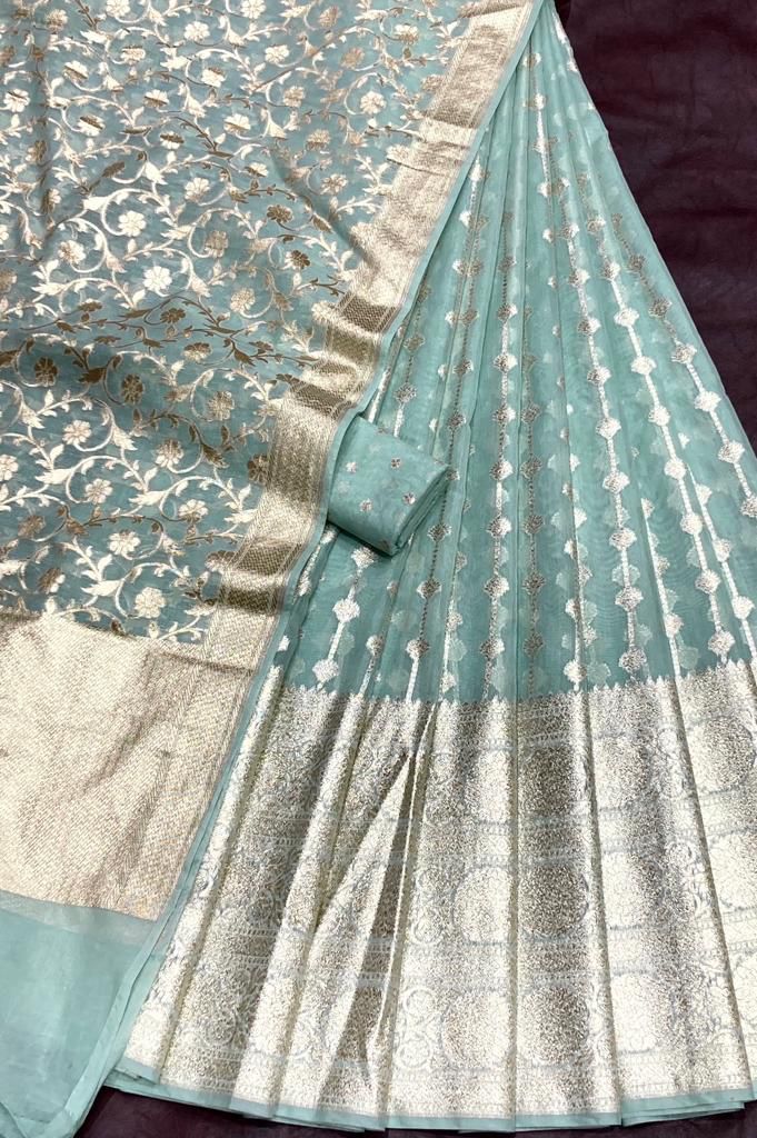 Pastel blue banarasi cotton silk lehenga for elders