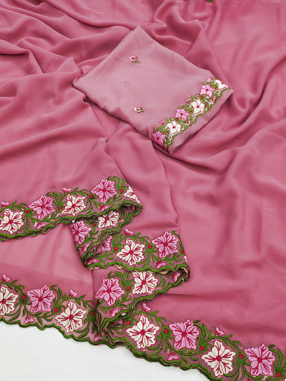 Pastel color faux georgette embroidery sarees
