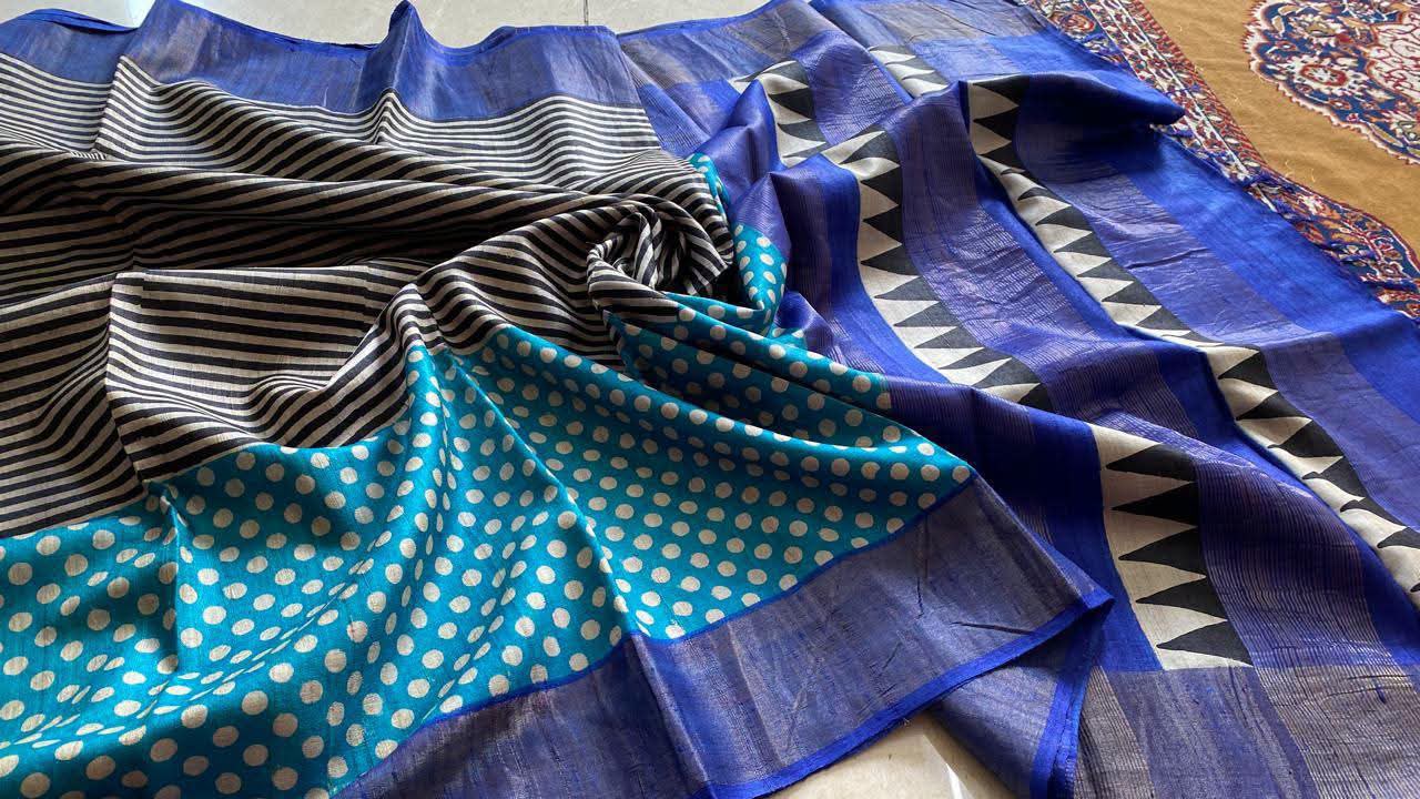 Pure Tussar silk block printed sarees