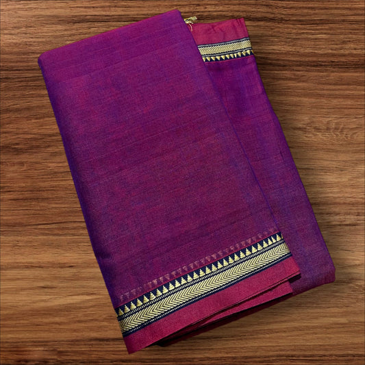 Dark magenta mercerised Narayanpet Cotton sarees with thin border