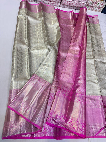 Silver with pink pure kanchipuram bridal silk sarees