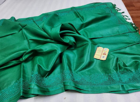 Green pure bhagalpuri tussar silk cutwork sarees
