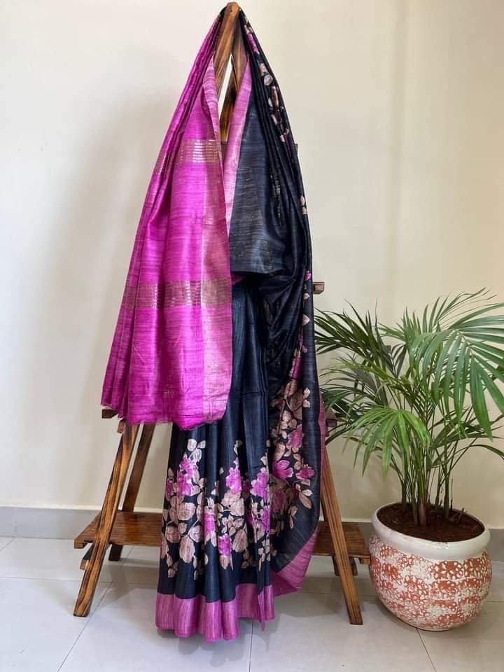 Black with fuchsia pink Pure Tussar gicha screen print sarees