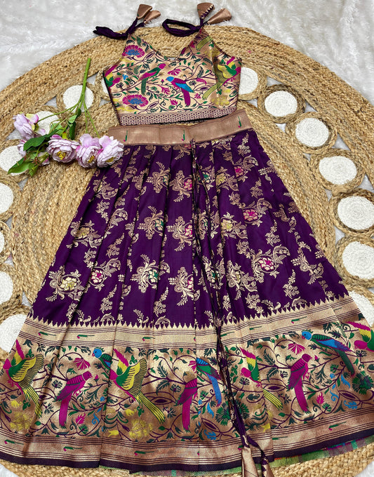 Dark violet Paithani lehenga for kids