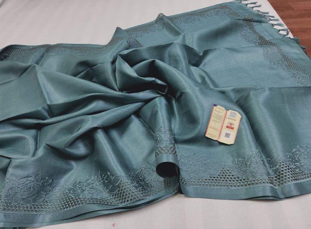 Pastel peacock blue pure bhagalpuri tussar silk cutwork sarees