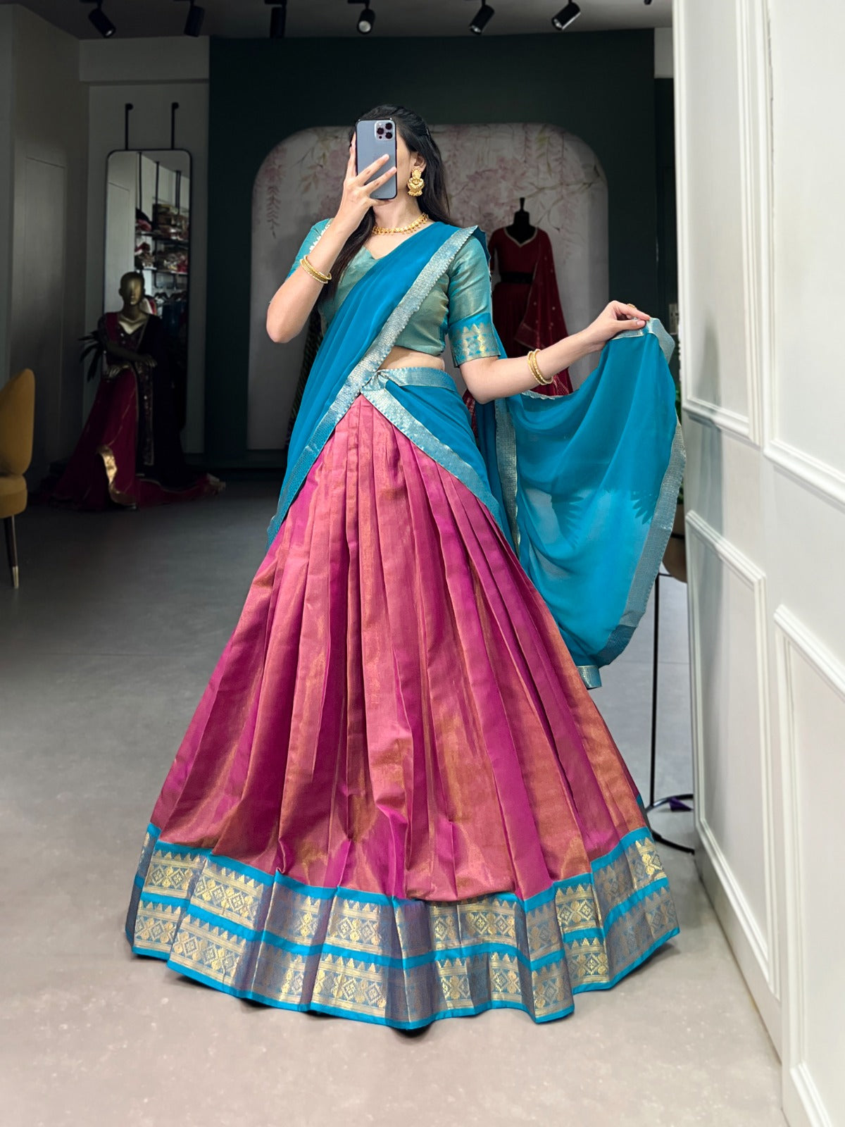 Dark pink kanchipuram lehenga choli