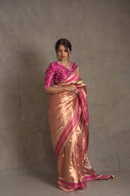 Gold with pink pure metallic double tissue organza sarees