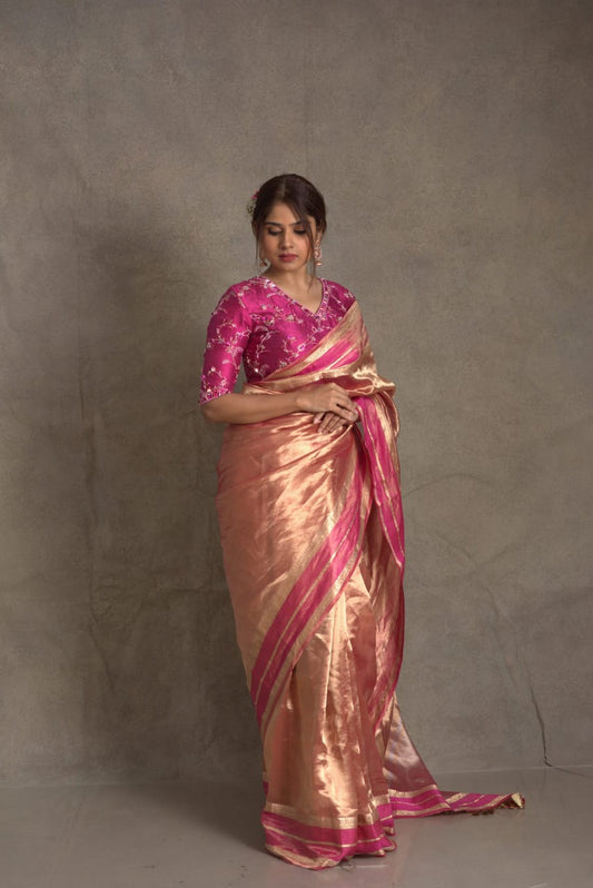 Gold with pink pure metallic double tissue organza sarees