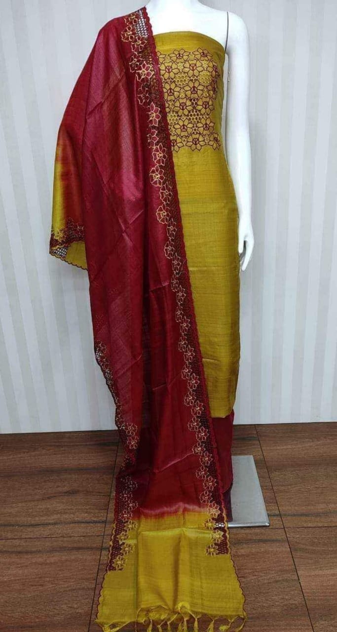 Tussar silk hand cutwork embroidery dress materials