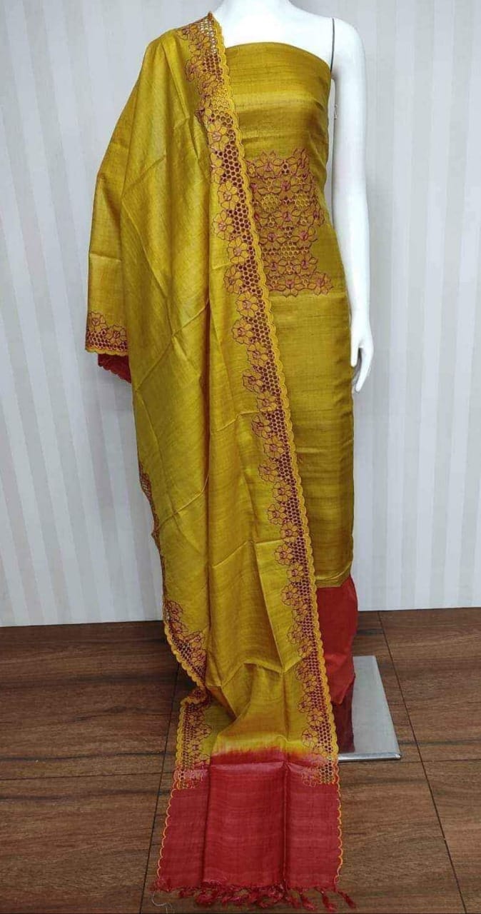 Tussar silk hand cutwork embroidery dress materials
