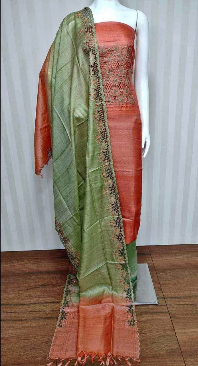 Tussar silk hand cutwork embroidery dress materials