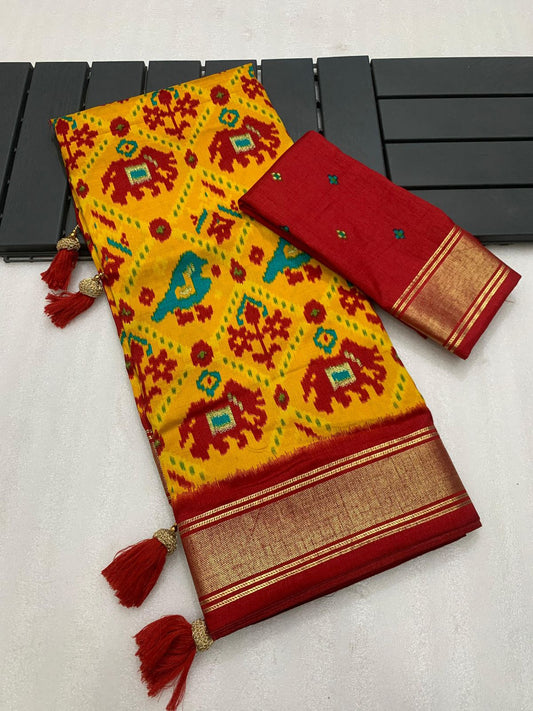 Mango yellow munga crepe patola silk sarees