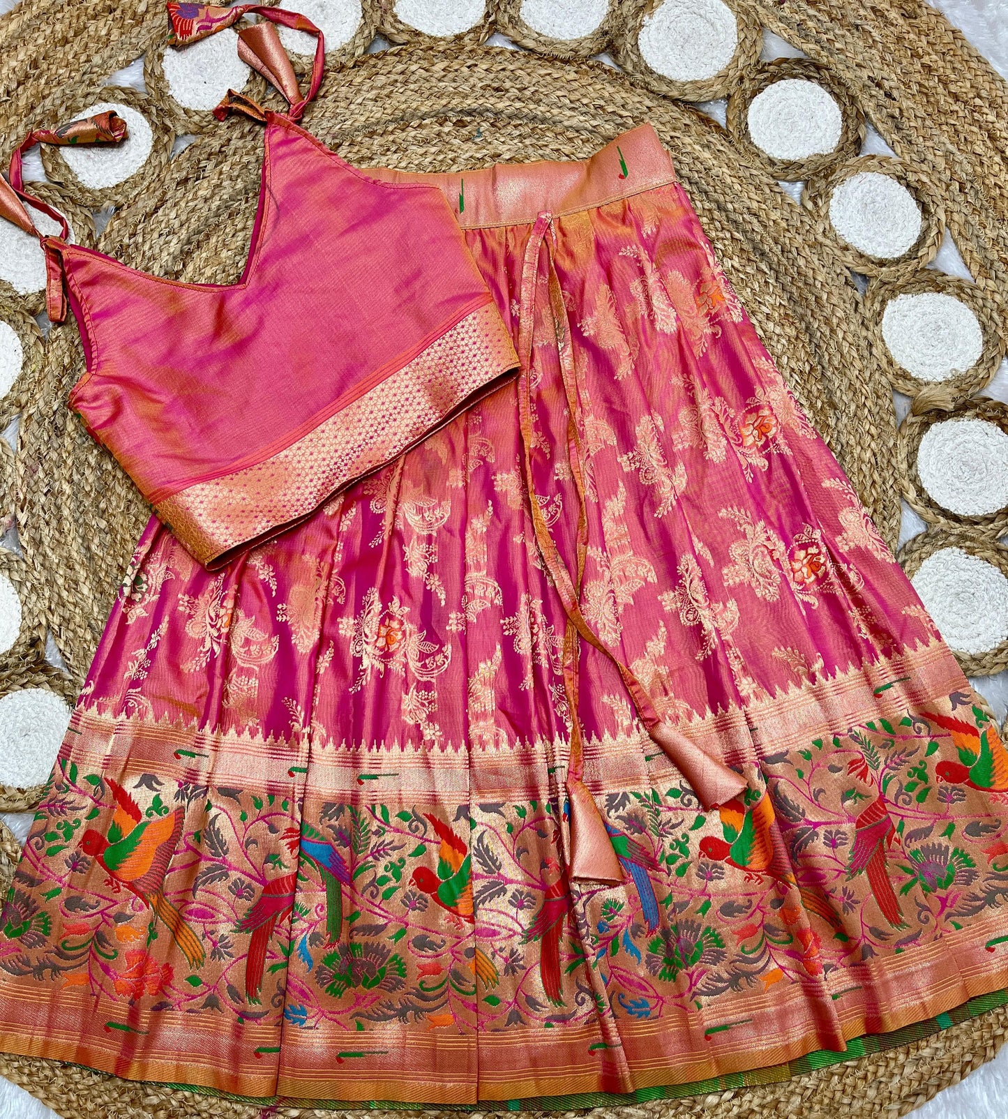 Pinkish red Paithani lehenga for kids