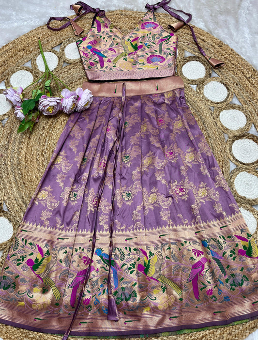 Dark lilac Paithani lehenga for kids