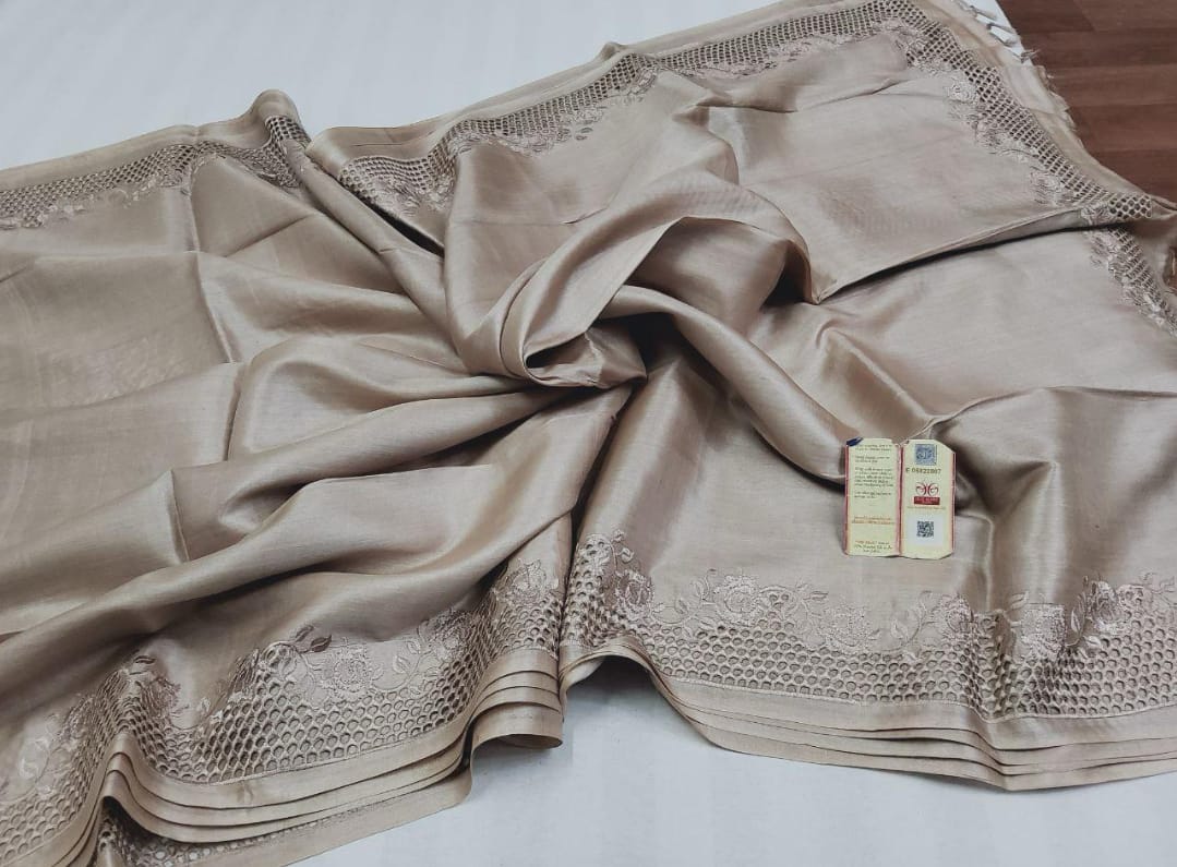 Beige pure bhagalpuri tussar silk cutwork sarees
