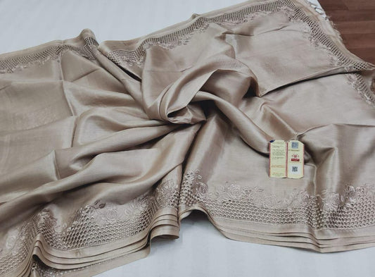 Beige pure bhagalpuri tussar silk cutwork sarees