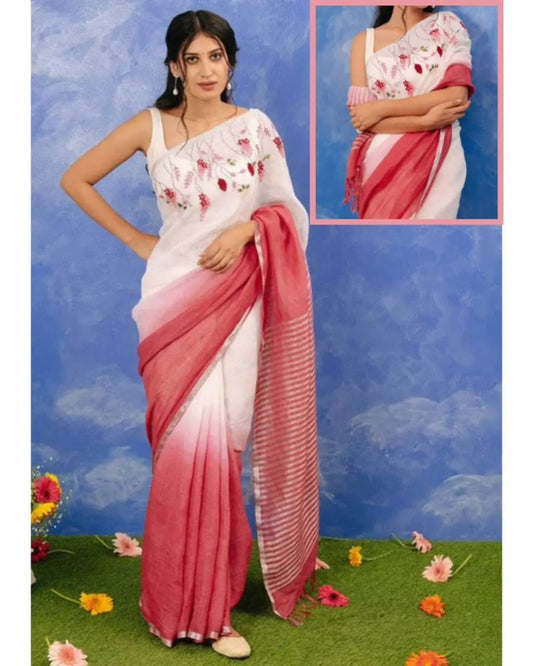 Cream with red pure linen embroidery sarees