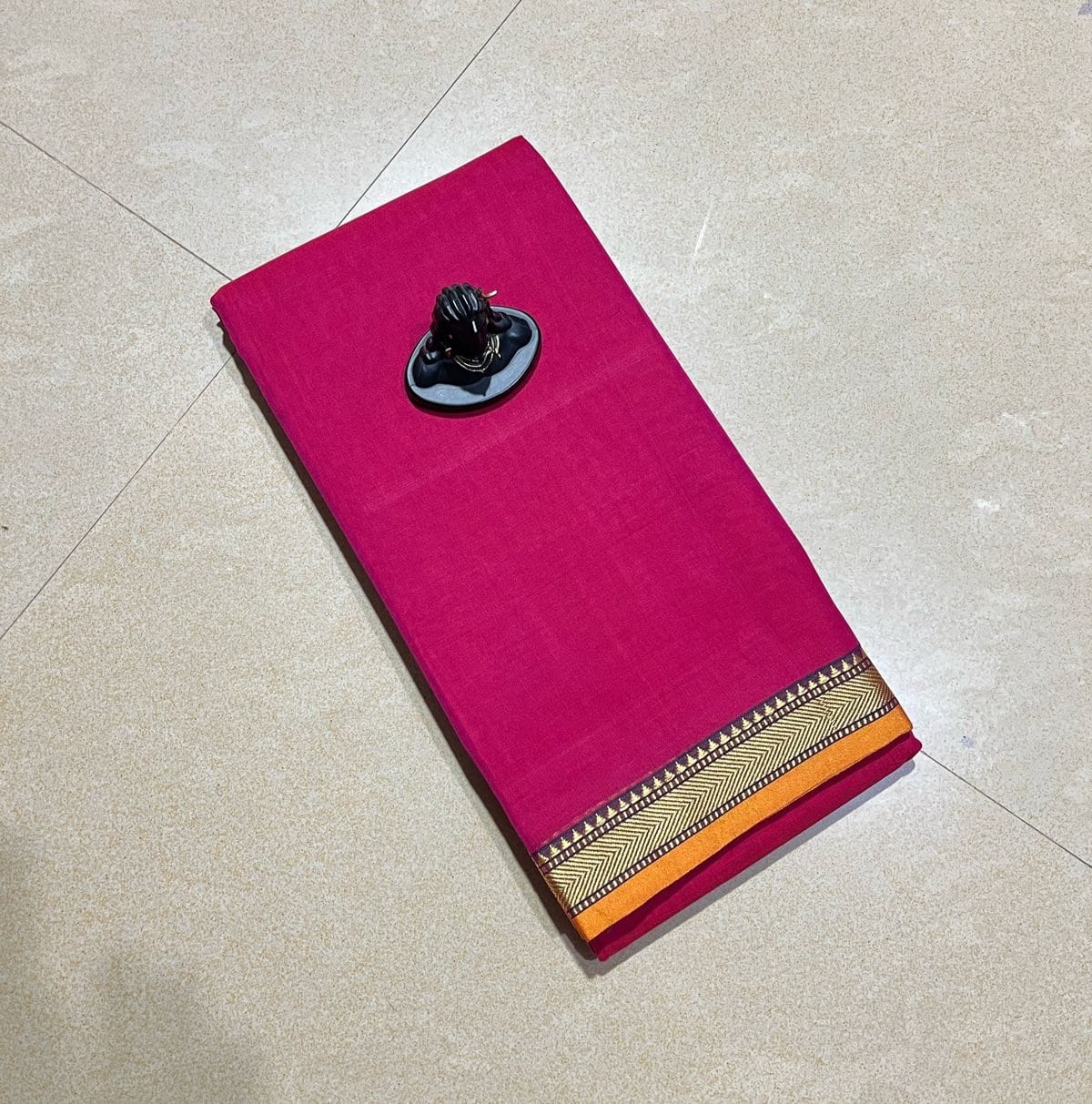 Dark pink mercerised Narayanpet Cotton sarees with thin border