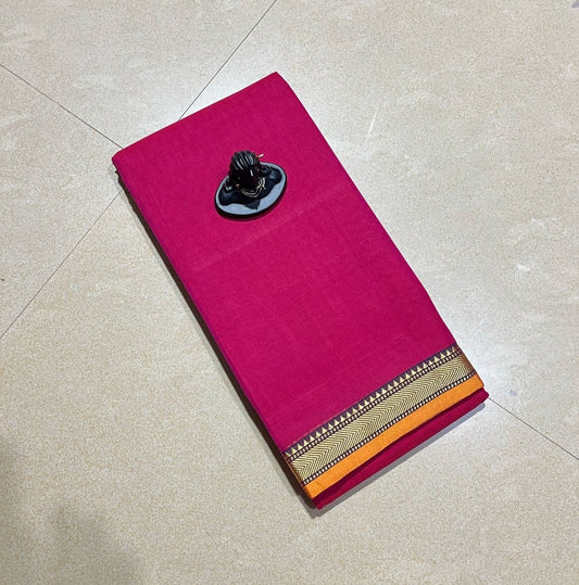 Dark pink mercerised Narayanpet Cotton sarees with thin border