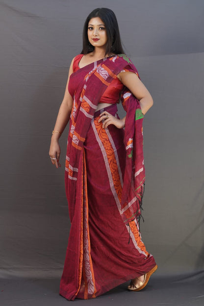 Maroon 120 counts linen by linen jamdani sarees