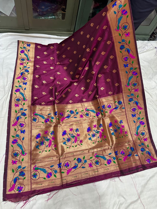 Dark maroon soft silk brocade paithani Sarees
