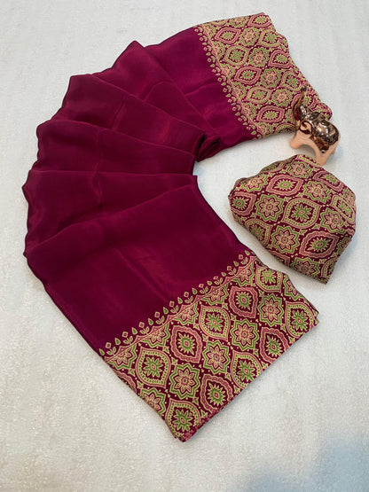 Pure crepe satin ajrakh sarees