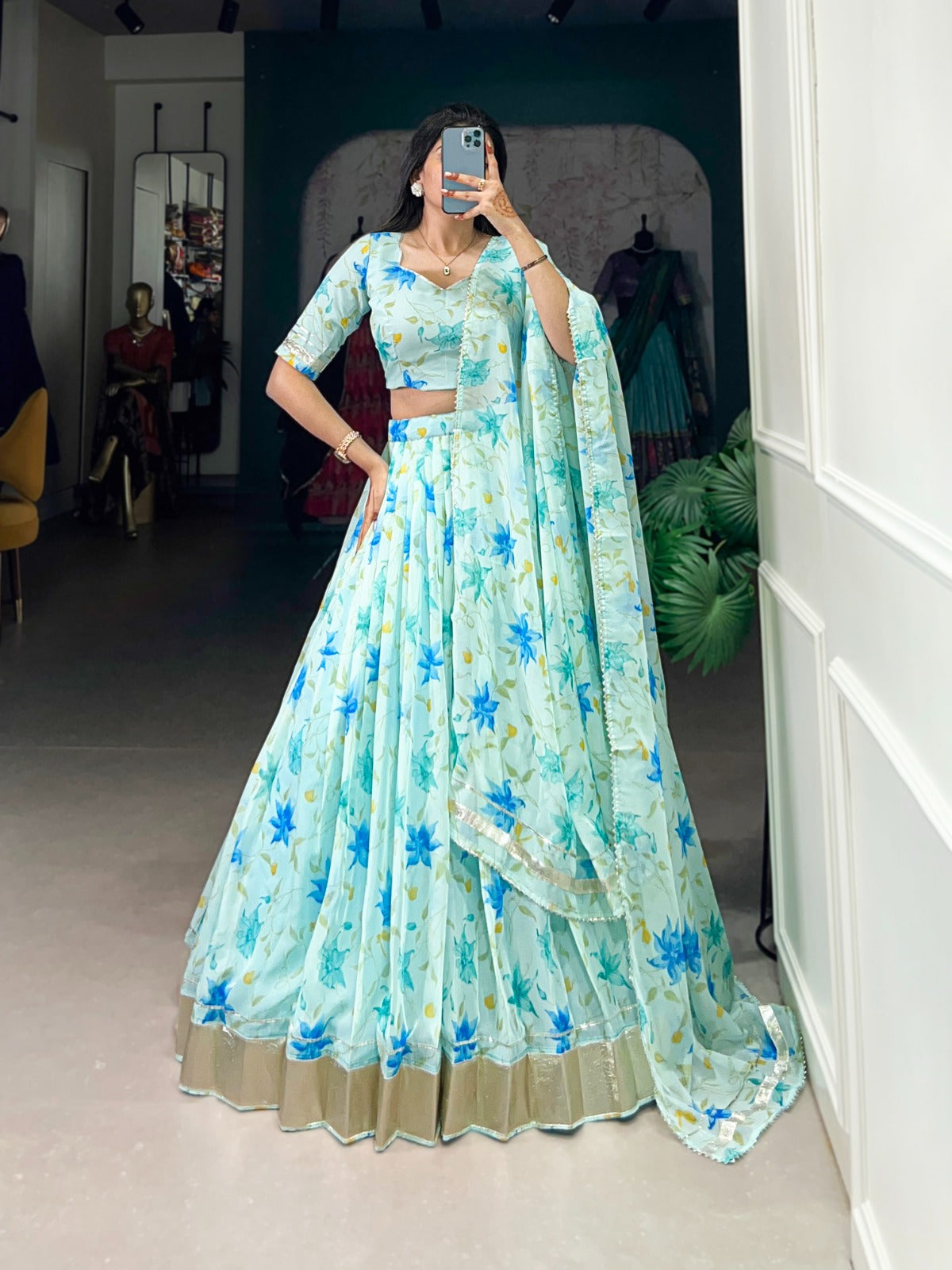 Sky blue silk lehenga