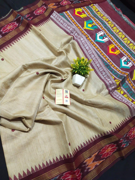 Beige with dark maroon desi tussar silk sarees