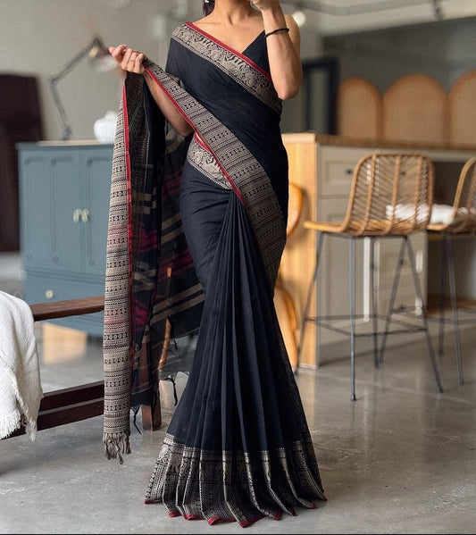 Black Narayanpet Cotton sarees with elephant border