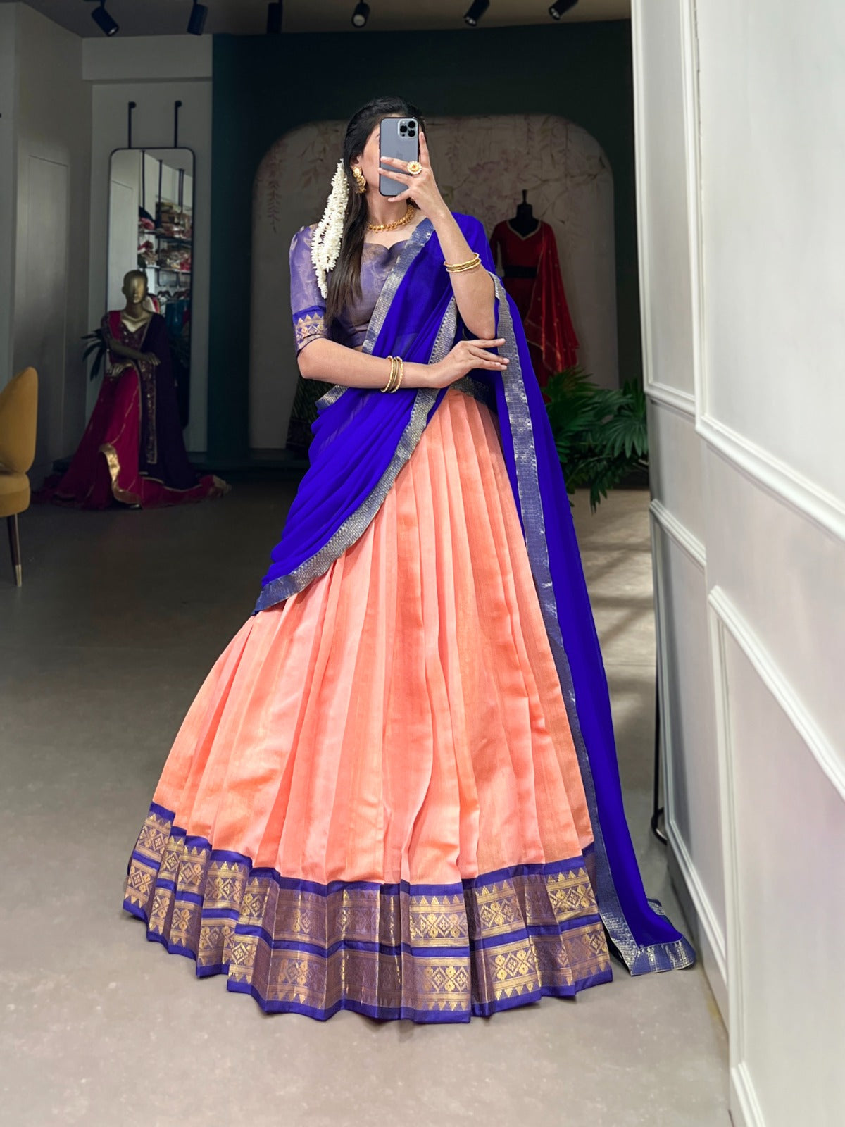 Light orange kanchipuram lehenga choli