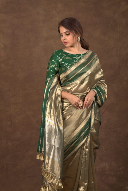 Gold with dark green pure metallic double tissue organza sarees