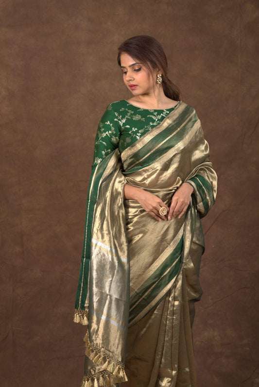 Gold with dark green pure metallic double tissue organza sarees