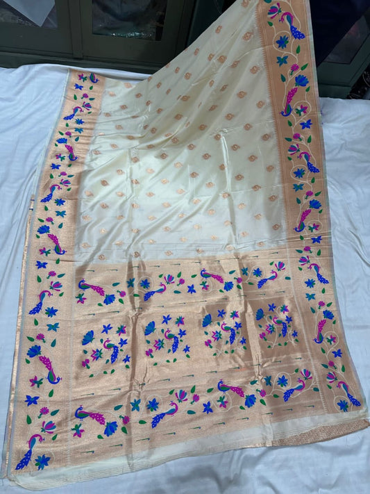 Cream soft silk brocade paithani Sarees