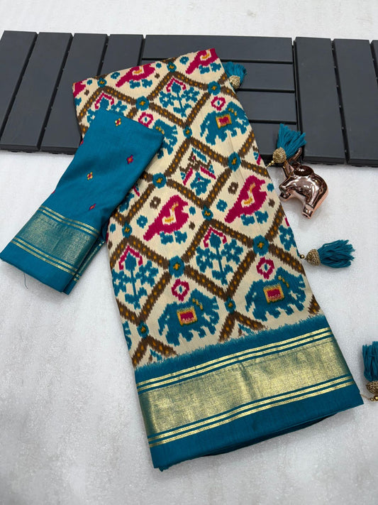 Sky blue munga crepe patola silk sarees